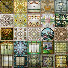 many different colored stained glass windows in various styles and sizes, all with decorative designs on them