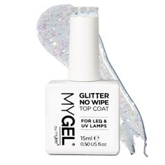 MYGEL by Mylee GLITTER NO WIPE TOP COAT 15ml  • Glitter Top Coat - I glitterally can't get over this sparkly no wipe top coat! Give your mani a glittery finish and protect your polish from natural wear and prevent chipping and peeling for a long lasting manicure. Perfect over any MyGel polish shade, the 5-In-1 Builder Gel and Polygel! With no tacky inhibition layer to remove, you're good to go once your Glitter No Wipe Top Coat is cured!  • UK Brand - MyGel by Mylee is expertly formulated to meet the needs of professionals and beauty enthusiasts alike. Apply and wear with confidence knowing that MyGel is 100% safe and compliant with all UK and EU safety regulations.  • Completely safe - Apply and wear with confidence knowing that MyGel is 100% safe and compliant with all UK and EU safety r Long Lasting Manicure, Nail Polish Manicure, Polish Manicure, Glitter Top, Beauty Nail, Glitter Gel, Uv Lamp, Base Coat