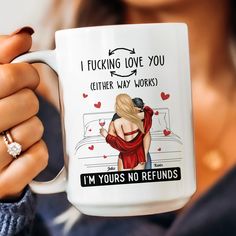 Personalized Coffee Mug. This funny Valentine coffee mug is the perfect gift for couples on Valentine's Day, anniversaries, or any romantic occasion. Add a personal touch to your morning coffee or tea routine with this charming design, making it a perfect gift for your loved one or a cherished addition to your own collection. It's an ideal choice for husbands, wives, girlfriends, boyfriends, and newlywed couples alike.MESSAGE:I Fucking Love You(Either Way Works).PRODUCT DETAILS:High-quality cera Funny Mug Designs, Valentine Coffee, Tea Routine, Wife Jokes, Coffee Valentines, Gifts For Fiance, Couple Mugs, Personalized Coffee Mugs, Cute Love Cartoons