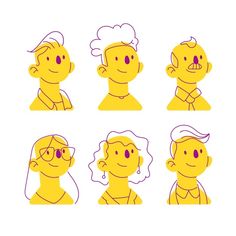 a set of cartoon faces with different facial expressions and haircuts, in various poses