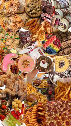 a collage of different food items including cookies, donuts, and other desserts