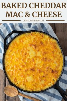 baked cheesy mac and cheese in a cast iron skillet with text overlay