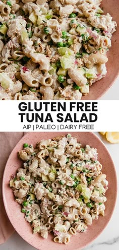 two plates with pasta salad on them and the words gluten free tuna salad above it