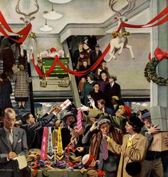 an advertisement for the saturday evening post showing people in a crowded room with christmas decorations