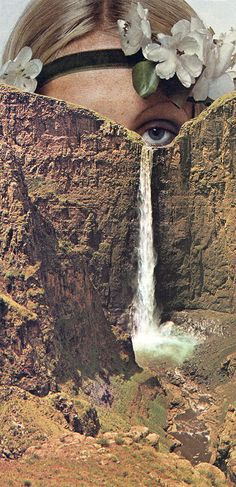 a woman's face with flowers in her hair and waterfall coming out of the cliff