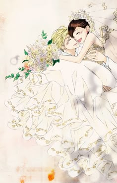 a drawing of a bride and groom hugging each other with flowers in the foreground