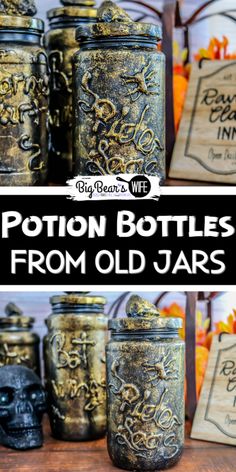 some jars are sitting on a table with the words potton bottles from old jars