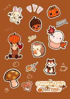 various stickers on a brown background with pumpkins, mushrooms and other things in them