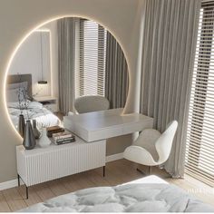 a bedroom with a round mirror on the wall and a white desk in front of it