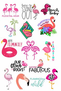 flamingos and palm trees are featured in this set of stickers for the beach house