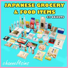 japanese grocery and food items displayed on a blue background