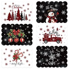 four christmas cards with snowmen, trees and decorations in red and black colors on white background