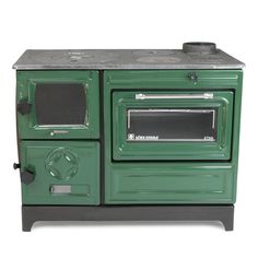 an old fashioned green stove with two burners