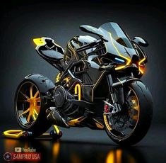 a futuristic motorcycle is shown with neon lights on it's side and the front wheel