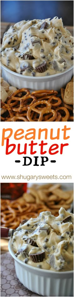 this is an image of peanut butter dip with pretzels in the background and on top