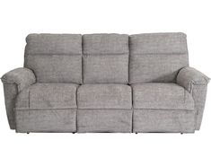 the reclining sofa is shown in grey fabric and has two arms that are facing each other