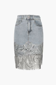 Details Occasion: Casual Category: Bottoms Composition: 26.3% Polyester. 1.2% Spandex. 72.5% Cotton Sheer: Not Sheer Color: BlueDescription: Add some sparkle to your casual wardrobe with our Flap Pocket Sequin Fringe Hem Bodycon Denim Skirt. This... Denim Bodycon Skirt, Trendy Bottoms, Outerwear Trends, Denim And Diamonds, Skirt Y2k, Skirts Online, Sheer Fabrics, Grunge Fashion, Y2k Fashion