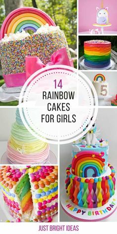 rainbow cakes for girls with text overlay