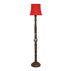 a lamp with a red shade on the top and bottom part, in front of a white background