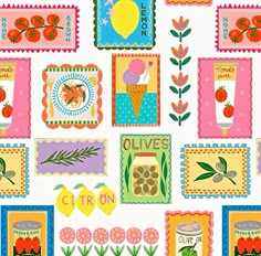 an assortment of stamps with fruit and vegetables on them