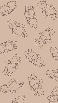 a bunch of teddy bears that are drawn in different positions and sizes on a beige background