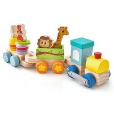 a wooden toy train with animals and giraffes