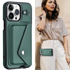 a woman in white pants and a green phone case next to an image of a woman wearing