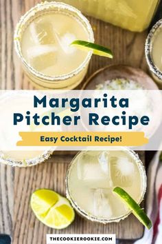 margarita pitcher recipe in glasses with limes on the side