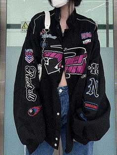 Vintage Embroidered Button-Down Motorcycle Varsity Jacket - AnotherChill 일본 패션, Coat Trends, Autumn Pattern, Outfits Petite, Baseball Women, Vintage Punk, Looks Black, Oversized Jacket