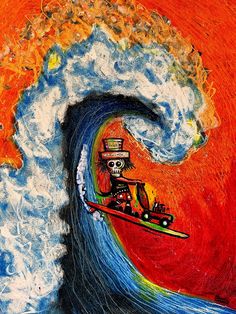 a painting of a skeleton on a surfboard in the middle of a large wave