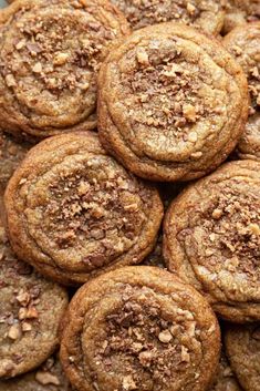 chocolate chip cookies are piled on top of each other