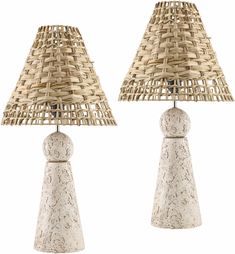 two white ceramic lamps with woven shades