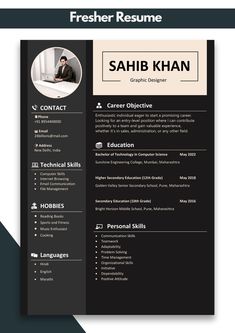 a black and white resume template with an image of a man in a suit on it