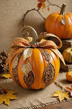 decorative pumpkins are sitting on a table