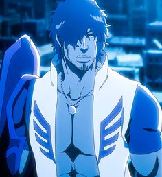 an anime character with blue hair and white clothes, holding his hands on his hips