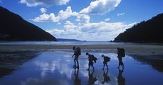 four people are walking on the beach with their backs to the water and clouds in the sky