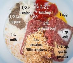 ingredients to make meatloaf on a plate with flour and gravy for toppings