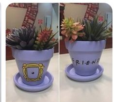 two pictures of succulents in flower pots with the words friends painted on them