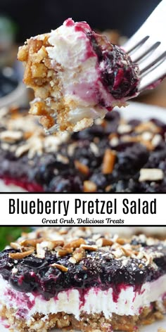 A double photo collage of dessert made with pretzels, cream cheese and blueberries. Blueberry Pretzel Salad, Blueberry Pretzel, Blueberry Desserts Recipes, Platter Ideas, Blueberry Pie Filling, Blueberry Desserts, Healthy Blueberry