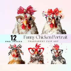 three funny chicken portraits with glasses and bows