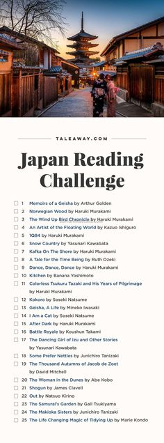 the japan reading challenge is shown with an image of a person walking in front of a pagoda