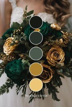 a bridal bouquet with roses and greenery in shades of green, yellow and brown