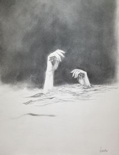 two hands reaching for each other in the water, with dark clouds above them and below