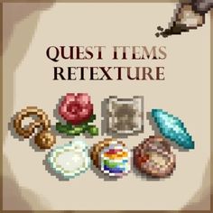 an image of the back cover of a book with pixel art and text that reads, quest items refexure