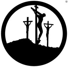 a black and white silhouette of a person on a cross with two crucifixs