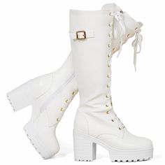 PRICES MAY VARY. MATERIAL: Platform Knee High Boots with high-quality upper vegan pu leather and antislip rubber sole, comfortable OCCASSION: Walk, shopping, nightclub, work, travel, party, cosplay, school, festival, Christmas gift, New Year's Day, spring, summer, autumn etc Size Tips: Please according to our size chart choose to fit your shoes size!!!!!!!!!!!!!!!!! Introducing our latest collection of Women's Platform Boots a fusion of timeless style and contemporary trends. Elevate your fashio Knee High Boots Women, Cute Outfits With Boots, Fairy Boots, Platform Knee Boots, White Thigh High Boots, Emo Boots, Rave Boots, White Platform Boots, School Festival