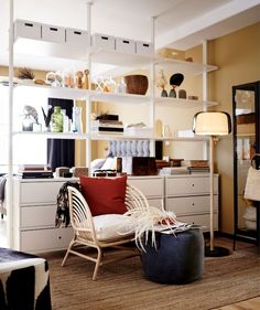 a living room filled with furniture and lots of shelves