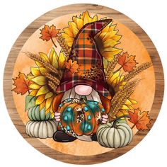 a painting of a gnome holding a pumpkin in front of fall leaves and acorns