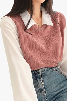 Cute Light Academia Outfits, Vest Shirt Outfits For Women, Casual Aesthetic Outfits For Women, Aesthetic Tops For Women, Cotton Vest Outfits For Women, Vest And Shirt Outfit Women, Trendy Tops For Women Casual Fashion Ideas, Bright Academia Outfit, Outfit With Shirt Women