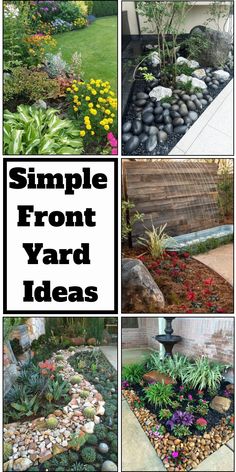 several different types of garden plants and rocks in the yard with text overlay that reads simple front yard ideas